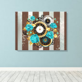 Toile Steampunk Clock and Turquoise Roses on Striped (Insitu (Plancher de Bois))