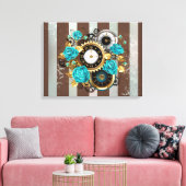 Toile Steampunk Clock and Turquoise Roses on Striped (Insitu(Salon))