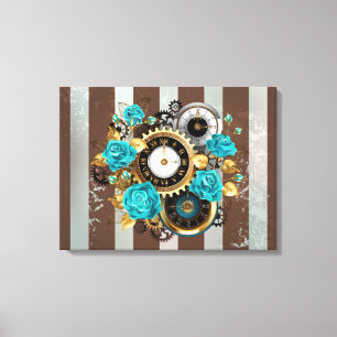 Toile Steampunk Clock and Turquoise Roses on Striped