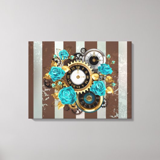 Toile Steampunk Clock and Turquoise Roses on Striped (Recto)