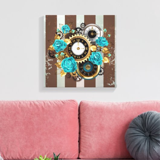 Toile Steampunk Clock and Turquoise Roses on Striped (Insitu(Salon))