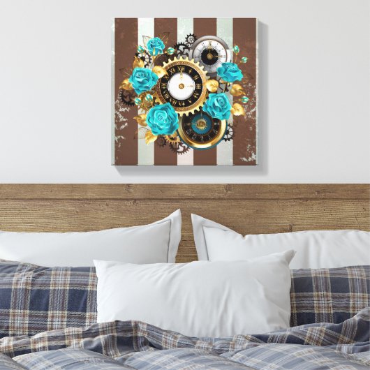 Toile Steampunk Clock and Turquoise Roses on Striped (Insitu(Chambre))