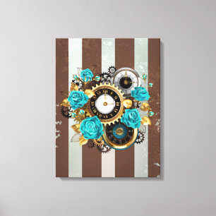 Toile Steampunk Clock and Turquoise Roses on Striped