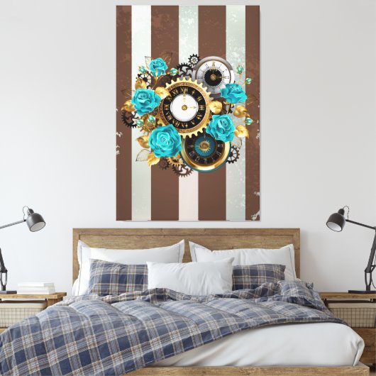 Toile Steampunk Clock and Turquoise Roses on Striped (Insitu(Chambre))