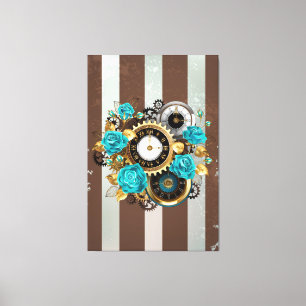 Toile Steampunk Clock and Turquoise Roses on Striped