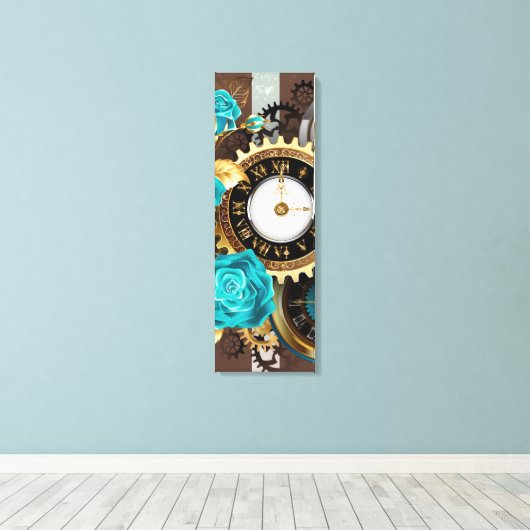 Toile Steampunk Clock and Turquoise Roses on Striped (Insitu (Plancher de Bois))