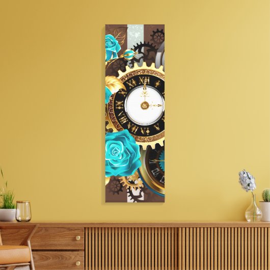 Toile Steampunk Clock and Turquoise Roses on Striped (Insitu(Salon))