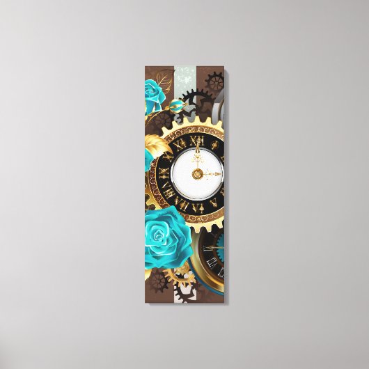 Toile Steampunk Clock and Turquoise Roses on Striped (Recto)