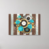 Toile Steampunk Clock and Turquoise Roses on Striped (Recto)