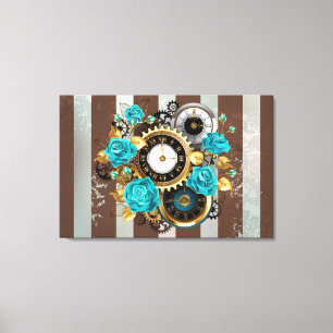 Toile Steampunk Clock and Turquoise Roses on Striped