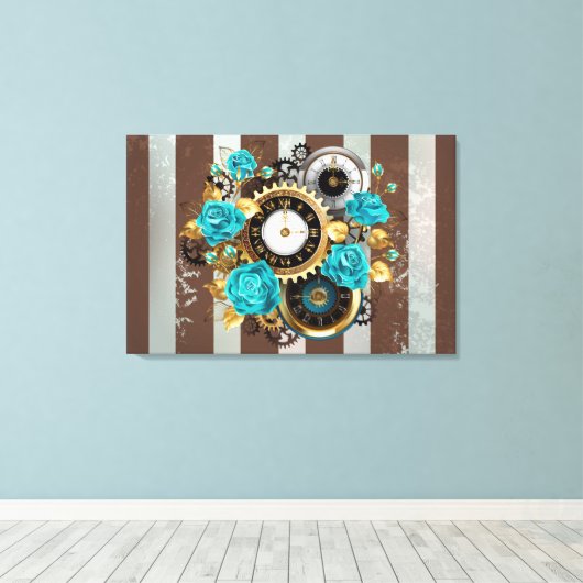Toile Steampunk Clock and Turquoise Roses on Striped (Insitu (Plancher de Bois))