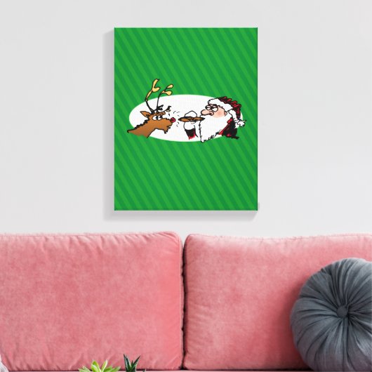 Toile Stogie Père Noël et Reindeer sur Green Stripes (Insitu(Salon))