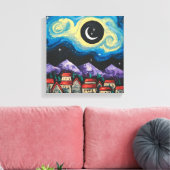 Toile Stress Night Crescent Moon Over Village Art Imprim (Insitu(Salon))