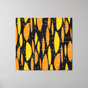 Toile Style atomique, motif géométrique noir orange.