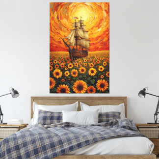 Toile Sunlit Sunflower Sea - Whimsical Sailing Ship Fan