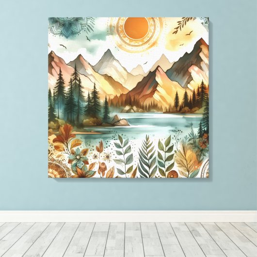 Toile Sunny Rustic Boho Nature Pattern Mountain Lake (Insitu (Plancher de Bois))