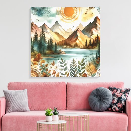 Toile Sunny Rustic Boho Nature Pattern Mountain Lake (Insitu(Salon))