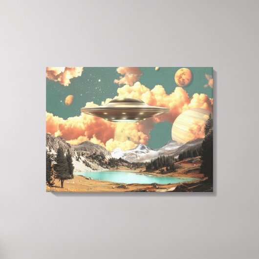Toile Surreal UFO Above Mountain Lake with Planets (Recto)