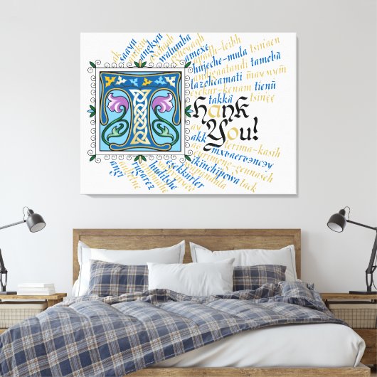 Toile T est pour Merci Canvas Print - Bleu & Or (Insitu(Chambre))