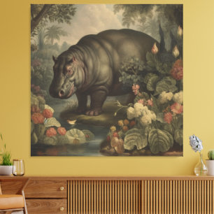 Toile Tableau botanique vintage d'un hippo et de fleurs