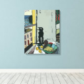 Toile Tableau par fenêtre avec chat noir (Insitu (Plancher de Bois))