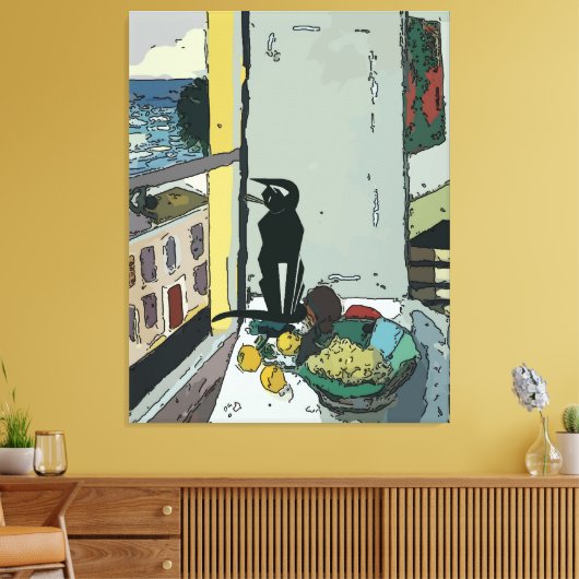 Toile Tableau par fenêtre avec chat noir (Insitu(Salon))
