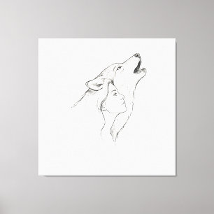 Toile Tapisserie Ligne Minimaliste Loup et Femme Noir