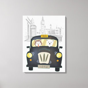Toile Taxi de Londres noir conduit par des chiens