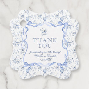 Toile Teddydbeer Stofblauw Baby Shower Bedankt Bedankjes Labels