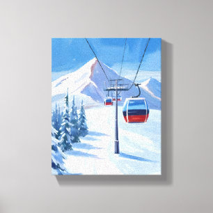 Toile Télésiège Gondole de montagne enneigée Aquarelle