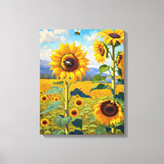 Toile Terrain de tournesol avec des abeilles occupées Ar