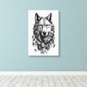 Toile tête de loup animal feuille dessin d'art original (Insitu (Plancher de Bois))