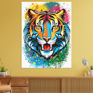 Toile Tête de tigre couleurs arc-en-ciel peinture taches
