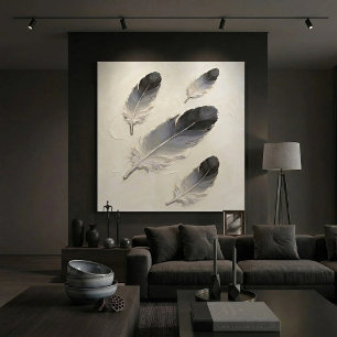 Toile Texte Moderne Impasto Noir et Gris plume d'huile