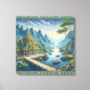 Toile Thibaut Asiatique Pittoresque bleu et vert Décor