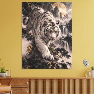 Toile Tigre blanc avec pleine lune et montagnes enneigée