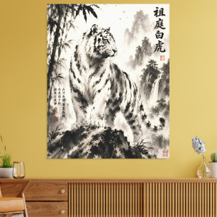 Toile Tigre Blanc Majestueux dans les Montagnes Brumeuse