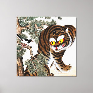 Toile Tigre et pie Minhwa sous un pin