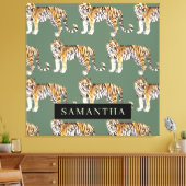 Toile Tigres d'aquarelle verte tropicale Motif avec nom (Insitu(Salon))