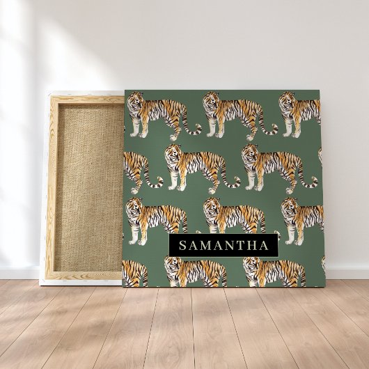 Toile Tigres d'aquarelle verte tropicale Motif avec nom