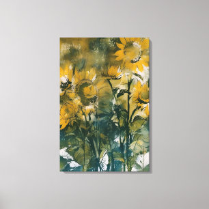 Toile Tournesol Abstrait, teals riches, jaunes