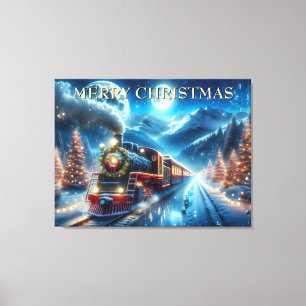 Toile Train de Noël avec couronne et pins enneigés