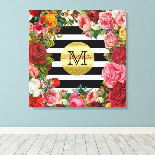 Toile Trendy Monogram Stripes Rose Fleurs Parties scinti (Insitu (Plancher de Bois))