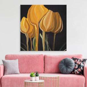 Toile Trio de Tulipes Dorées sur Fond Noir