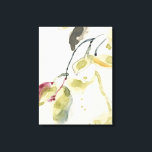 Toile Triptyque de branche feuille aquarelle<br><div class="desc">Triptyque de branche de feuilles I par Jennifer Goldberger. Les gouttelettes d'aquarelle en jaune doré,  vert et rose rougeâtre créent des feuilles doux sur des branches gris foncé et noires.</div>