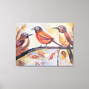 Toile Trois oiseaux chanteurs sur une branche d'art folk