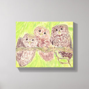 Toile Trois Petites Chouettes - peinture acrylique.