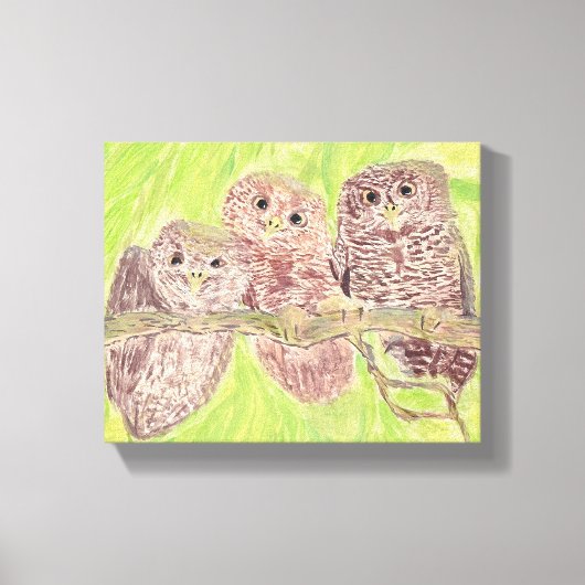 Toile Trois Petites Chouettes - peinture acrylique. (Recto)