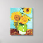 Toile Trois tournfleurs | Vincent Van Gogh<br><div class="desc">Tirage en toile d'art de Three Sunflowers (1888) de l'artiste néerlandais Vincent Van Gogh. L'oeuvre originale est une huile sur toile représentant une vie calme de tournesols jaunes brillants contre un arrière - plan turquoise. Cliquez sur Customiser pour modifier la taille de la toile ou personnaliser la conception.</div>