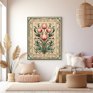 Toile Tulipe Rose Poussiéreux Ornement Médiéval Émeraude
